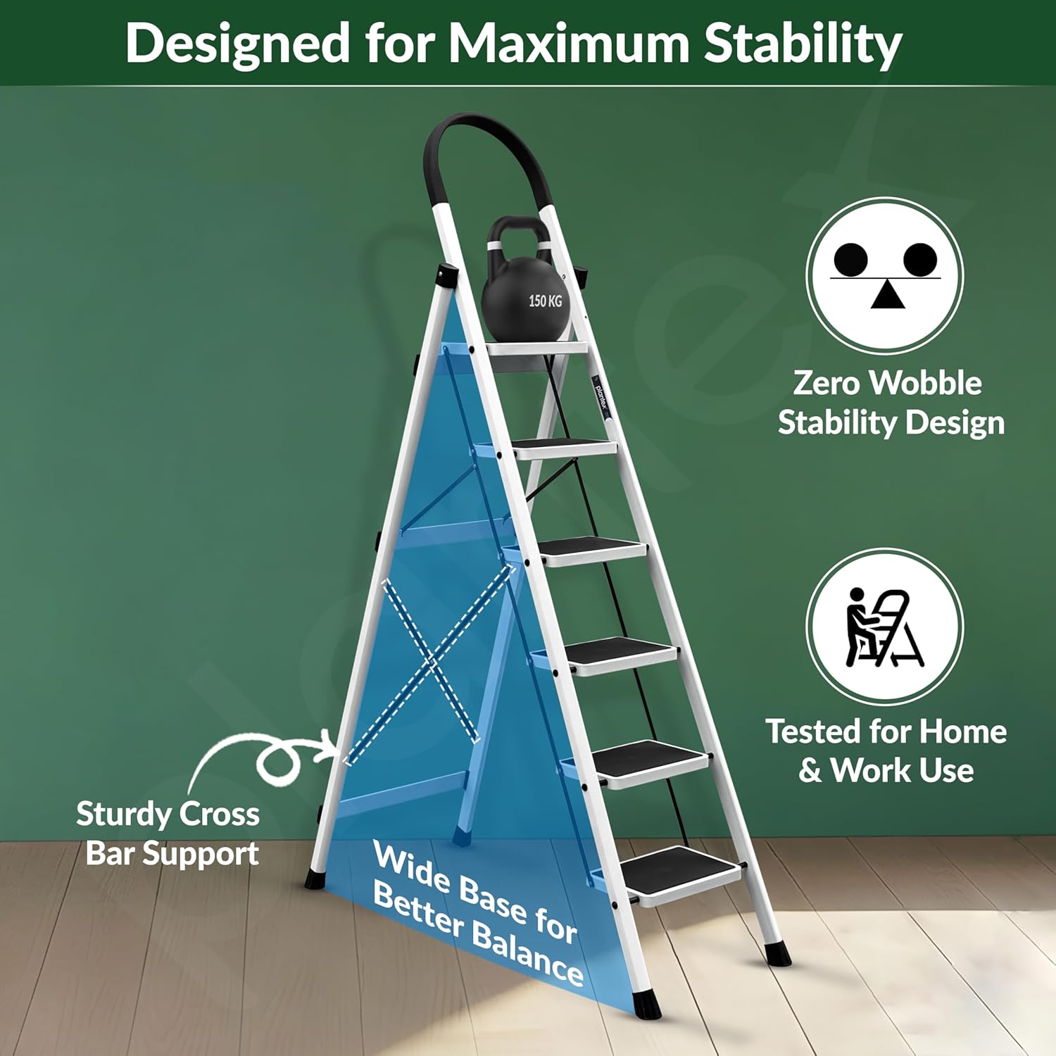 Plantex Ladder for Home 6 Steps/Foldable Ladder with Anti-Skid Wide Steps (30L x 20W cm)/Strong D-Shape Pipe with X-Support for More Stability/5 Year Warranty(Apex-White)