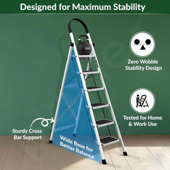 Plantex Ladder for Home 6 Steps/Foldable Ladder with Anti-Skid Wide Steps (30L x 20W cm)/Strong D-Shape Pipe with X-Support for More Stability/5 Year Warranty(Apex-White)