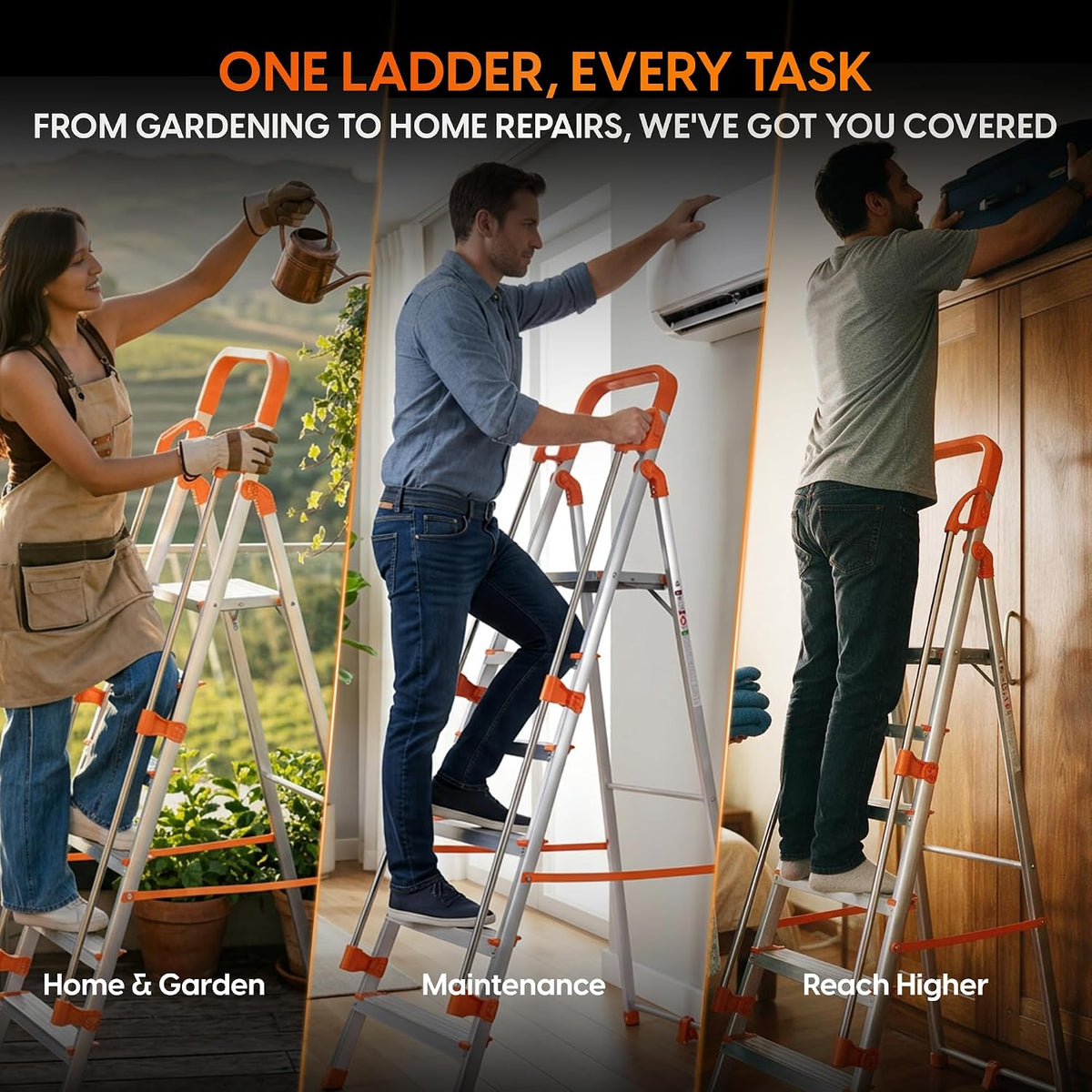 PROHOME Aluminium Ladder for Home 8 Steps Foldable with Railing & Anti-Skid Wide Steps | 8 Step Ladder for Home Use, Kitchen & Household | 270 Kg Capacity Folding Ladder | 5 Year Warranty (Orange)