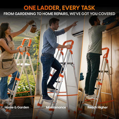 PROHOME Aluminium Ladder for Home 8 Steps Foldable with Railing & Anti-Skid Wide Steps | 8 Step Ladder for Home Use, Kitchen & Household | 270 Kg Capacity Folding Ladder | 5 Year Warranty (Orange)