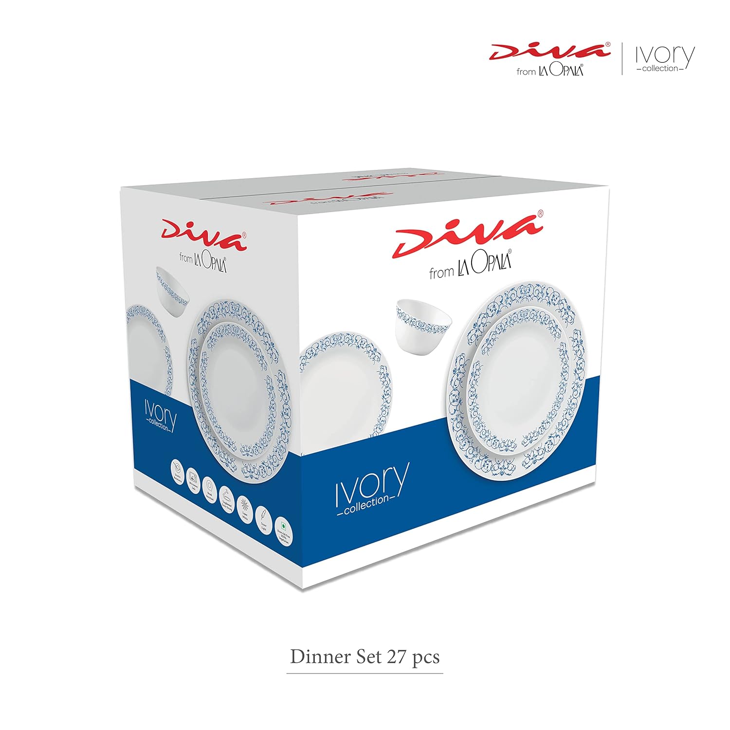 La Opala Diva Ivory Collection Opal Glass Crockery | for Family of 6 | Dinner Set 27 pcs Yellow Grace | Plates & Bowls for Dining | Microwave Safe | 100% Vegetarian | Extra Strong | Light & White