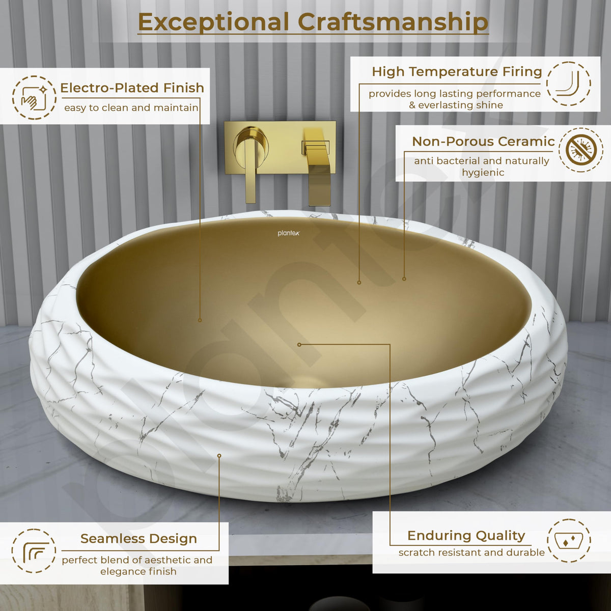 Plantex Table Top Wash Basin For Bathroom/Designer Ceramic Basin/Countertop Vessel Sink Basin - Indo-European Collection (White & Gold - 24 x 16 x 7 Inch)-4