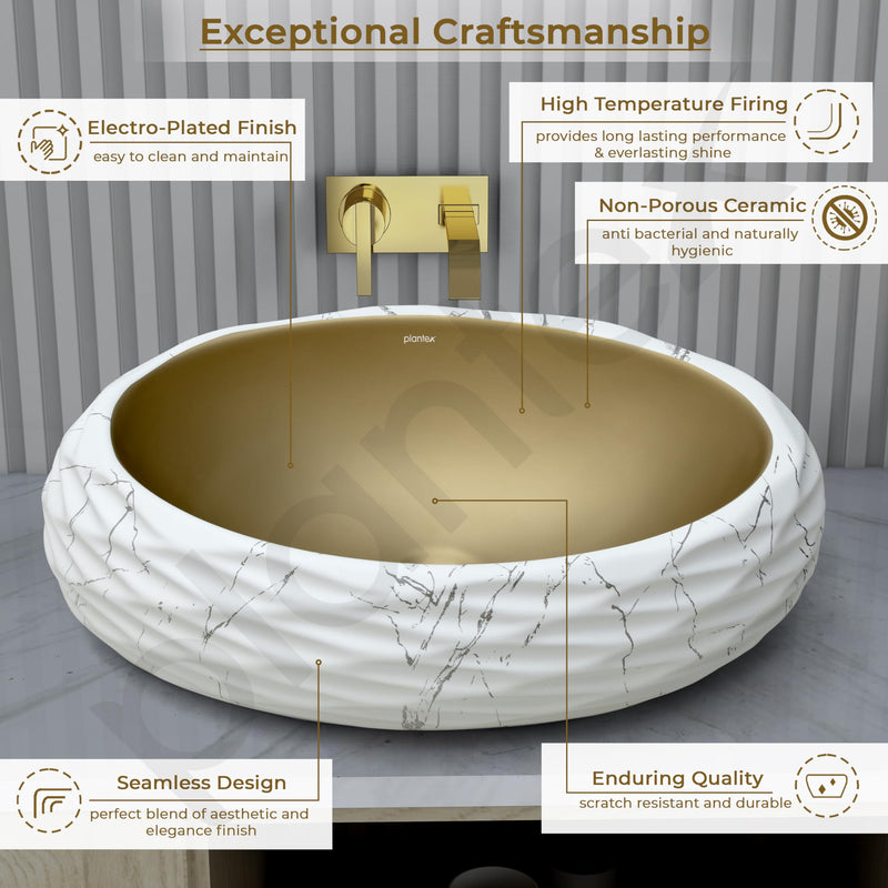 Plantex Table Top Wash Basin For Bathroom/Designer Ceramic Basin/Countertop Vessel Sink Basin - Indo-European Collection (White & Gold - 24 x 16 x 7 Inch)-4