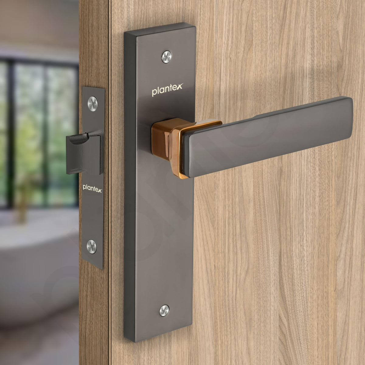 Plantex Heavy Duty Door Lock “ Bathroom Door Lock/Mortise 8inch Keyless Plate Handle Set for Home/Bathroom/Store Room/Balcony/Office with Baby Latch (8116, Satin Black & PVD Choco)-4