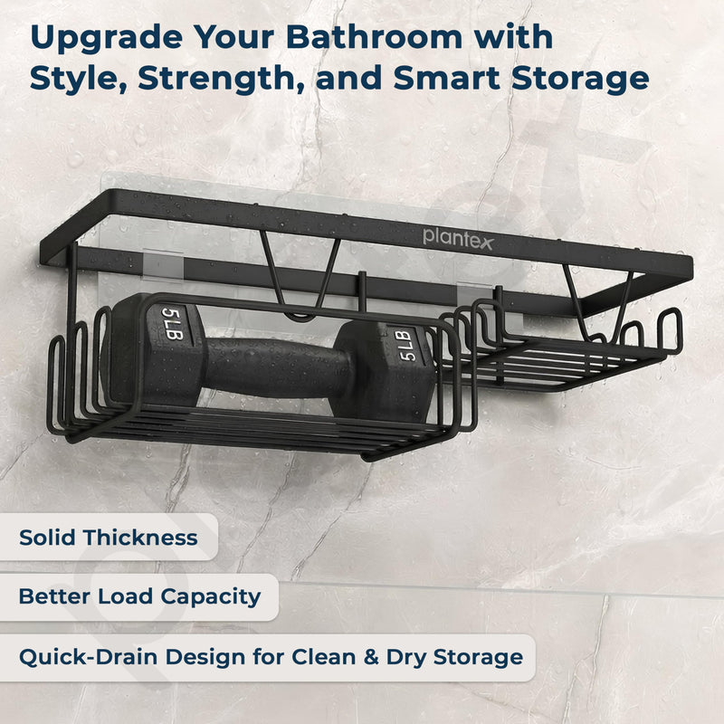 Plantex Shelf with Soap Dish for Bathroom/GI Steel Self Adhesive Bathroom Organizer/Soap Holder with Hook/Bathroom Accessories - Pack of 2 (Black)-6
