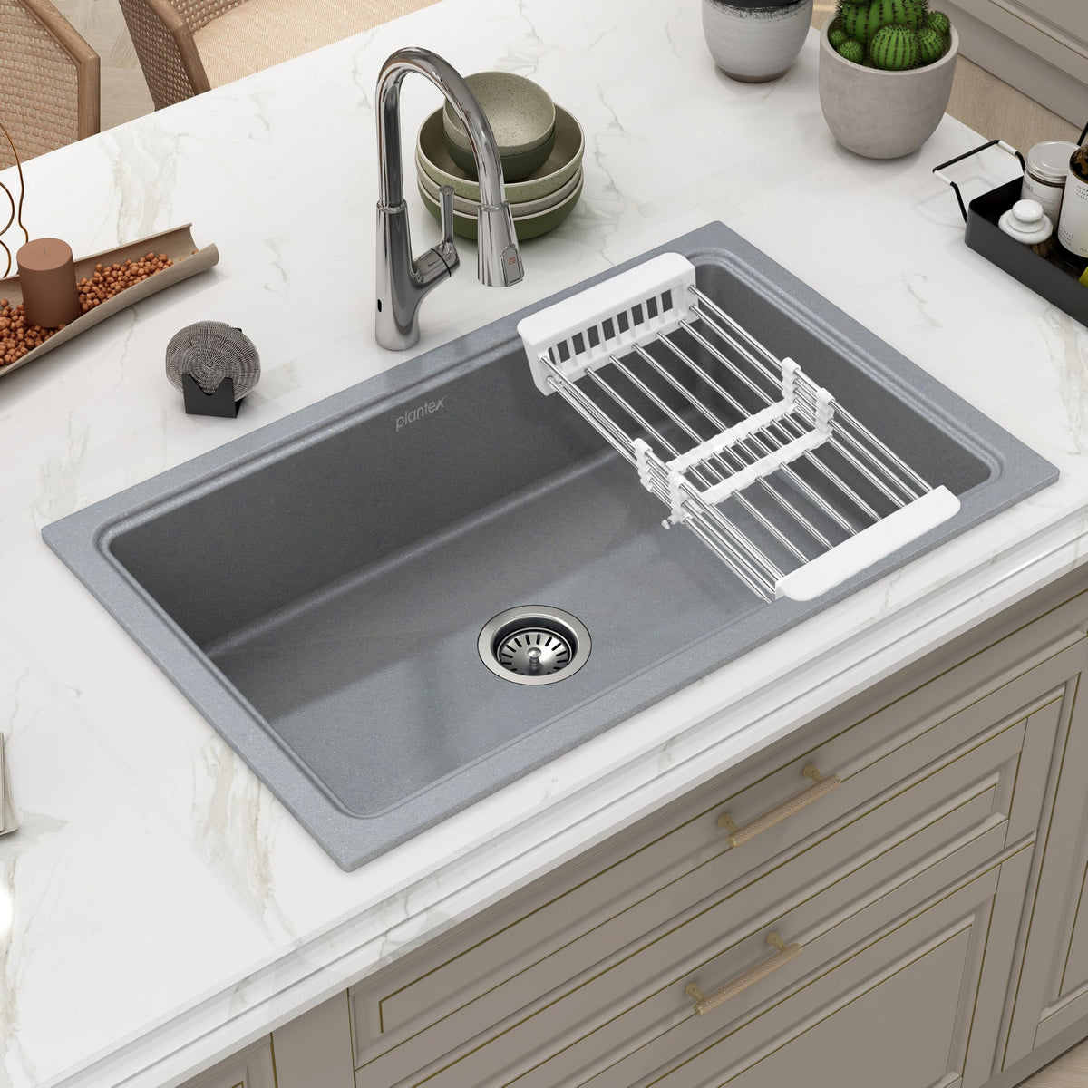 Plantex Metallic Quartz Acrylic Kitchen Sink With 10 Years Warranty /Undermount Sink For Kitchen/Metalic Single Bowl Kitchen Sinks With Coupling (Lintus 32X20 Inches),Grey-1