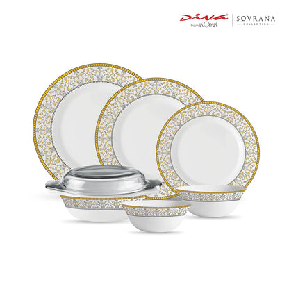 La Opala Diva Sovrana Collection Opal Glass Crockery | For Family of 6 | Dinner Set 35 pcs Moroccan Gold | Plates & Bowls for Dining | Microwave Safe | 100% Vegetarian | Extra Strong | Light & White