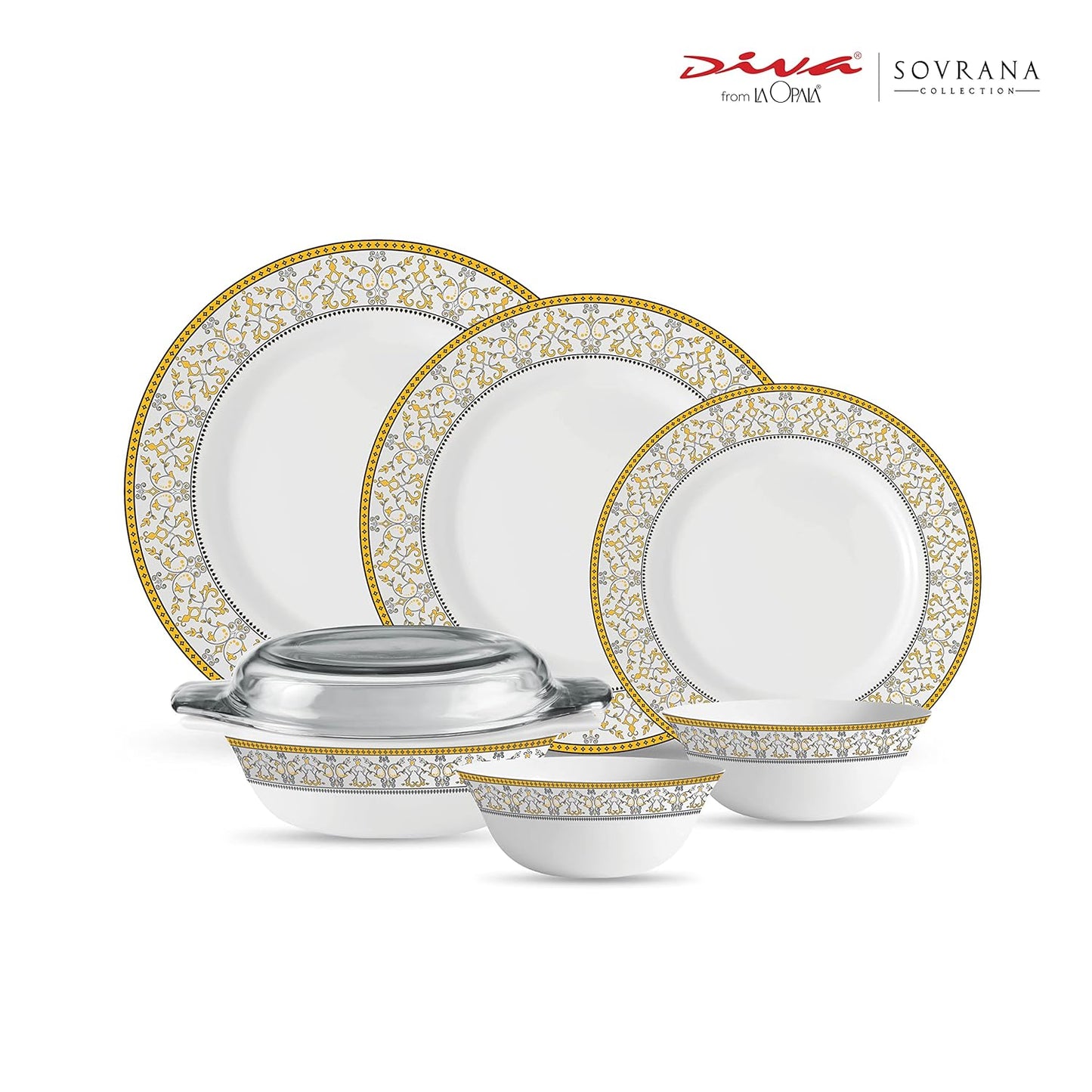 La Opala Diva Sovrana Collection Opal Glass Crockery | For Family of 6 | Dinner Set 35 pcs Moroccan Gold | Plates & Bowls for Dining | Microwave Safe | 100% Vegetarian | Extra Strong | Light & White