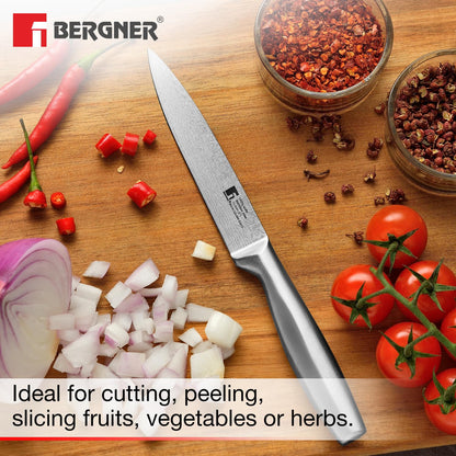 BERGNER Argent Stainless Steel 12.5cm (5") Utility Knife with Stainless Steel Hollow Handle, Damascus Design, Knife for Kitchen Ideal for Cutting, Chopping, Slicing etc, Easy to Clean