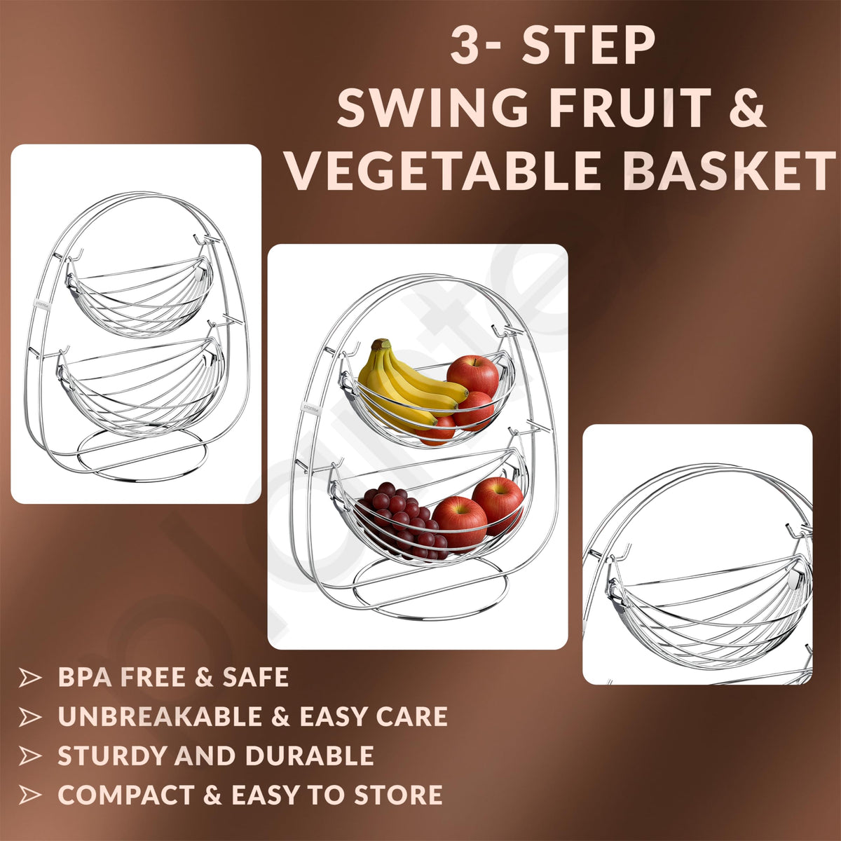 Plantex 2-Tier Swing Fruit Basket for Dining Table/Stainless Steel Fruit Storage Basket for Kitchen/Vegetable Stand(Nickel Chrome Finish)-6