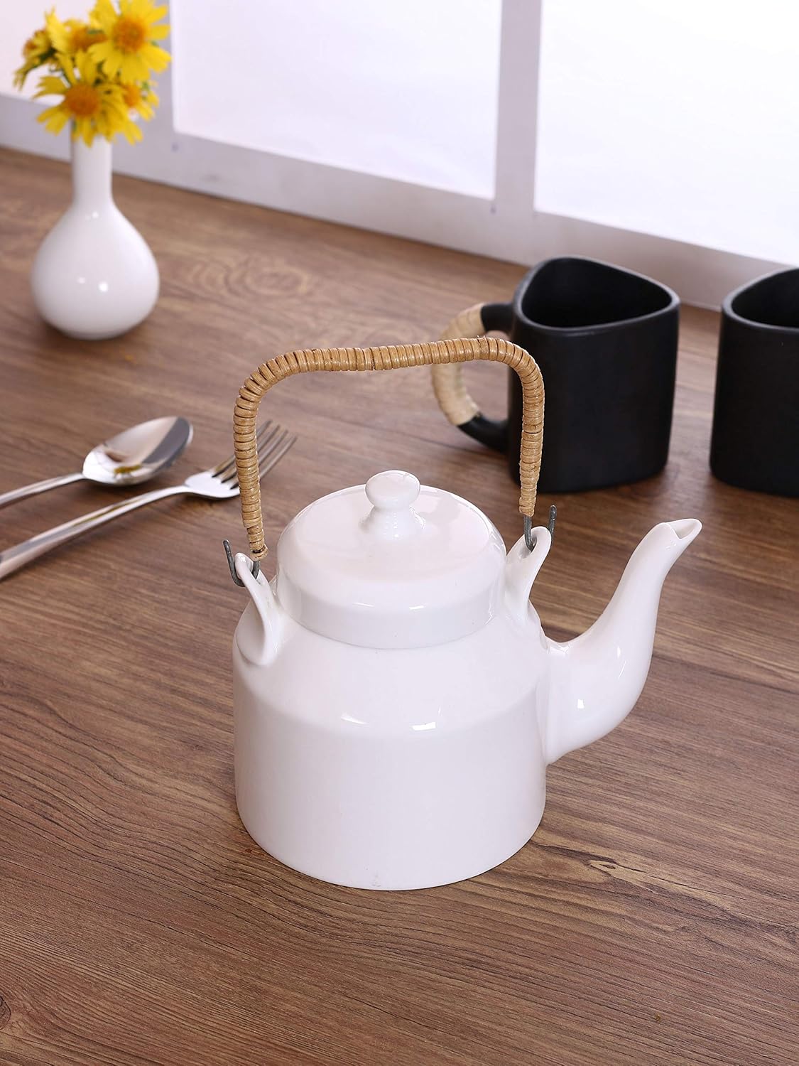 Clay Craft Fine Ceramic Tea Pot/Kettle - for Home and Kitchen/Home Decor - Perfect for Gifting Purpose to Friends, Relatives, Colleagues (White Desi Kettle - 1000 ml)