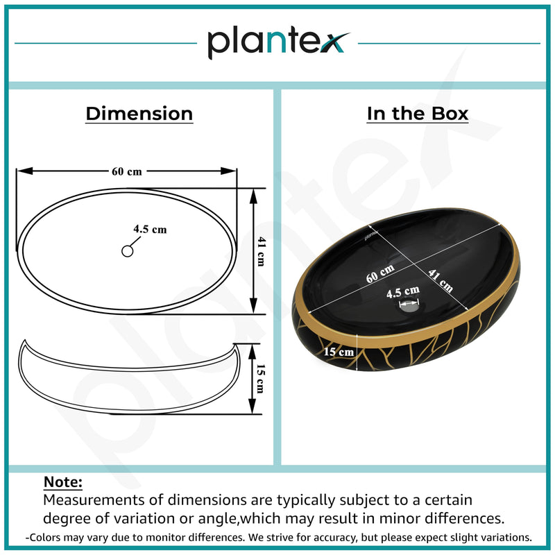 Plantex Black Wash Basin for Bathroom/Table Top Ceramic Basin/Oval Hand Wash Sink for Home/Hotel (23.5x16x6 Inch - Black&Gold)-3