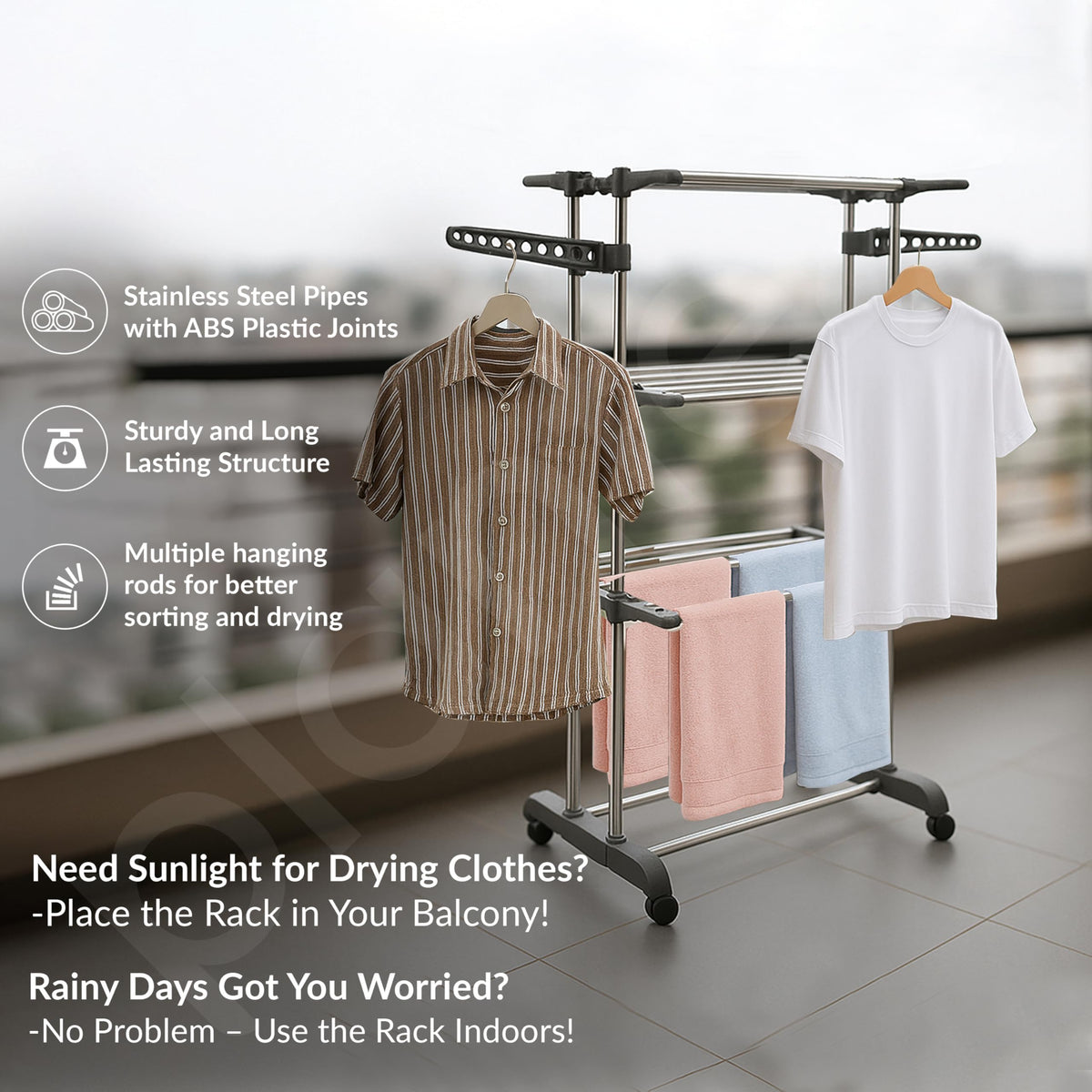 Plantex Clothes Stand for Drying Clothes/Stainless Steel Cloth Drying Stand Folding/3 Layer Stand for Cloth Drying - Aeronest (Chrome & Gray)-6