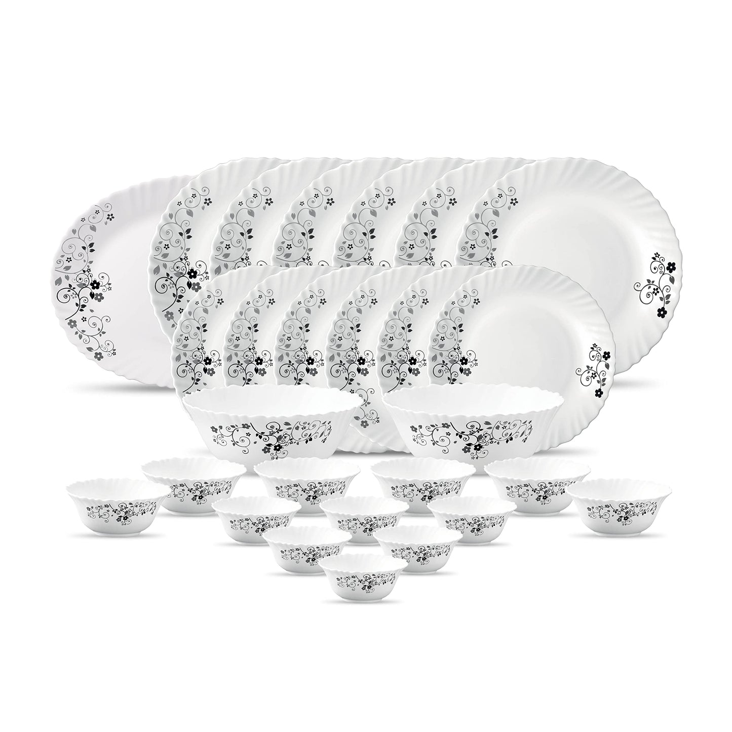 La Opala Diva Classique Collection Opal Glass Crockery | for Family of 6 | Dinner Set 27 pcs Citron Weave | Plates & Bowls for Dining | Microwave Safe | 100% Vegetarian | Extra Strong | White