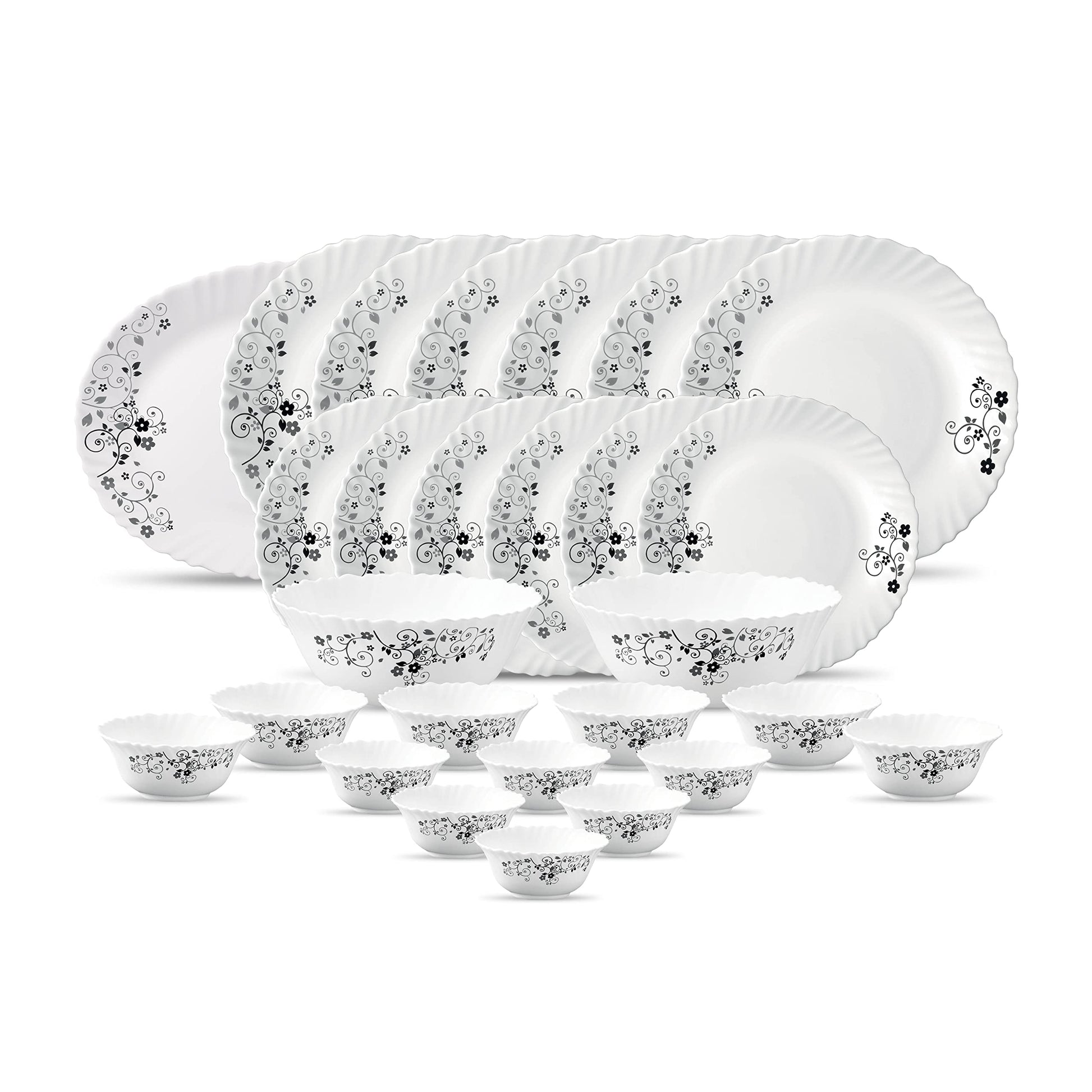 La Opala Diva Classique Collection Opal Glass Crockery | for Family of 6 | Dinner Set 27 pcs Citron Weave | Plates & Bowls for Dining | Microwave Safe | 100% Vegetarian | Extra Strong | White