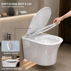 Plantex Platinum Ceramic Rimless Wall Mounted Commode/P Trap Washdown Flush Commode with Soft Close Toilet Seat Cover (White)-6