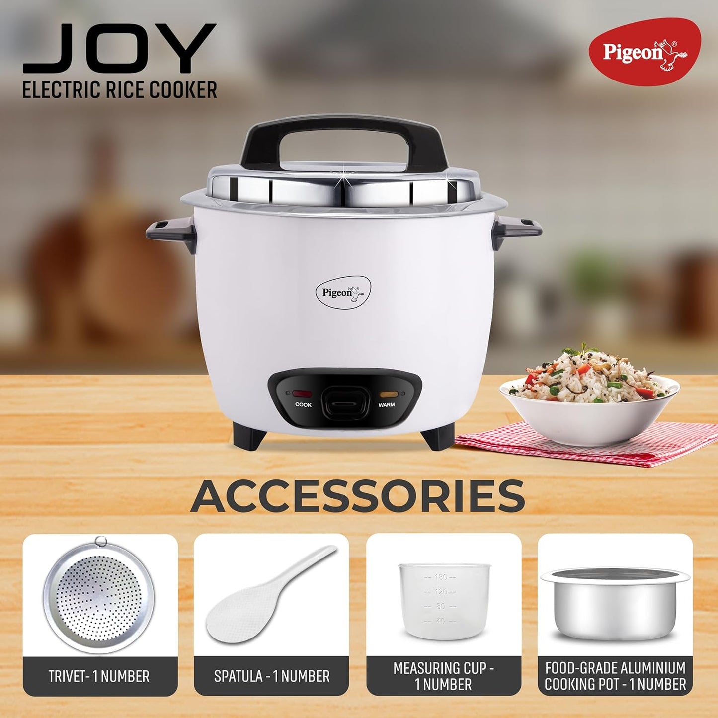 Pigeon by Stovekraft Joy Rice Cooker with Single pot, 1 litres. (White) | Toughened Glass Lid | 400 Watts | Aluminium Cooking Pot | Measuring Cup| Spatula | Energy Efficient Cooking