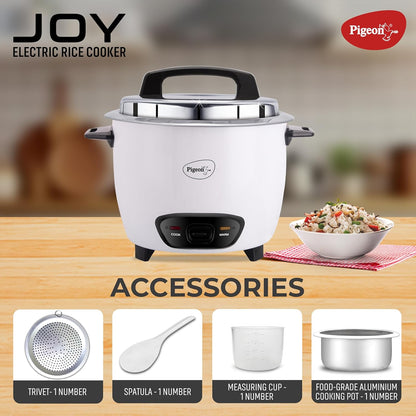 Pigeon by Stovekraft Joy Rice Cooker with Single pot, 1 litres. (White) | Toughened Glass Lid | 400 Watts | Aluminium Cooking Pot | Measuring Cup| Spatula | Energy Efficient Cooking