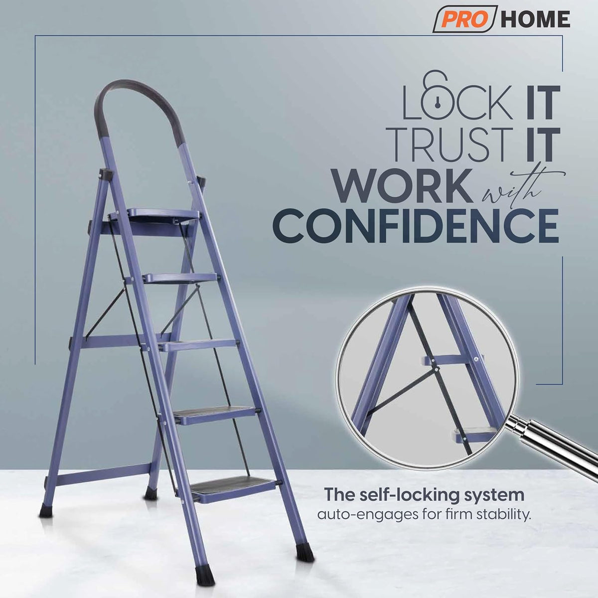 PROHOME Steel Ladder for Home 5 Steps Foldable with Anti-Skid Wide Steps (30cm x 20cm) | 5 Step Ladder for Home Use with D-Shape Rods | Secure Lock | 170 Kg Capacity Folding Ladder | 5 Year Warranty