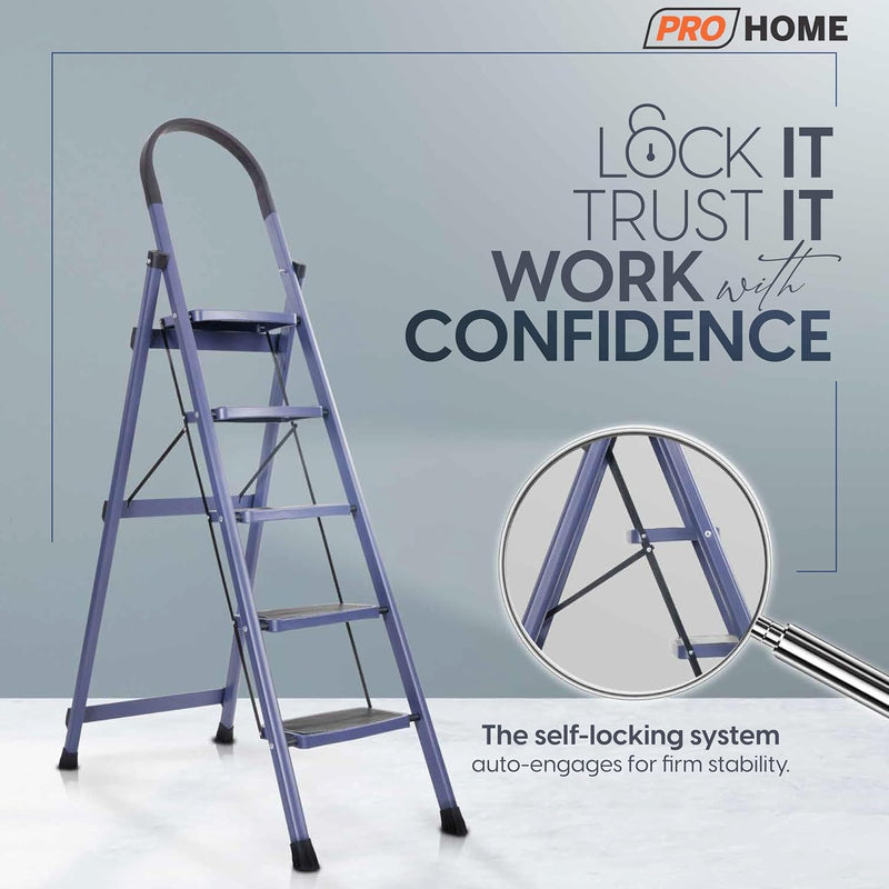 PROHOME Steel Ladder for Home 5 Steps Foldable with Anti-Skid Wide Steps (30cm x 20cm) | 5 Step Ladder for Home Use with D-Shape Rods | Secure Lock | 170 Kg Capacity Folding Ladder | 5 Year Warranty