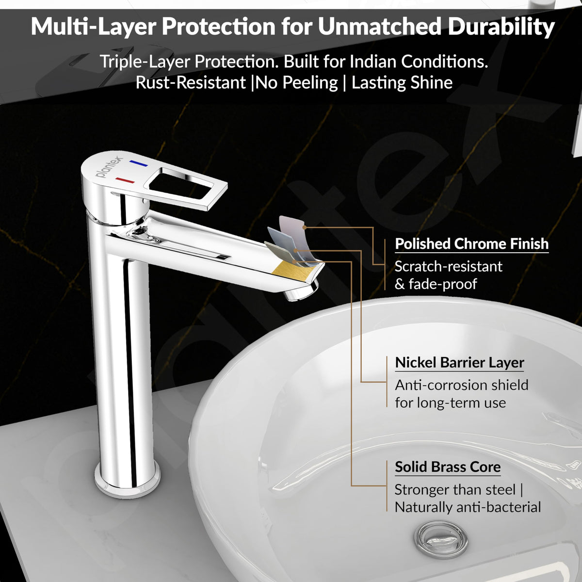 Plantex Single Lever Basin Mixer Tap/Brass Pillar Tap for Wash Basin/Hot and Cold Water Tap for Basin/Long Body Water Tap - Pack of 1 (Chrome, 3227)-5