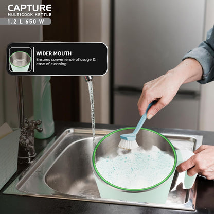 Havells Capture 1.2 L Multi-Cook Electric Kettle with Steamer | 650W |304 Stainless Steel Inner Body|Cooks Noodles, Rice, Milk | Cool-Touch Body | 2-Year Warranty (Green)