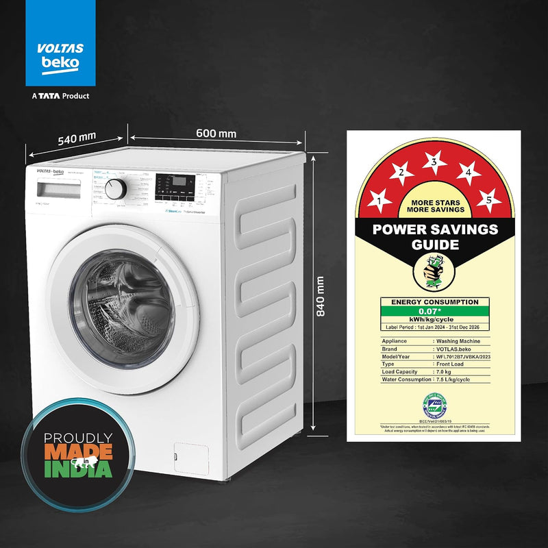 Voltas Beko, A Tata Product 7 Kg 5 Star Inverter, Quick 14-Min Wash Fully Automatic Front Load Washing Machine (WFL7012B7JVBKA/WXV, White, Inbuilt)-5