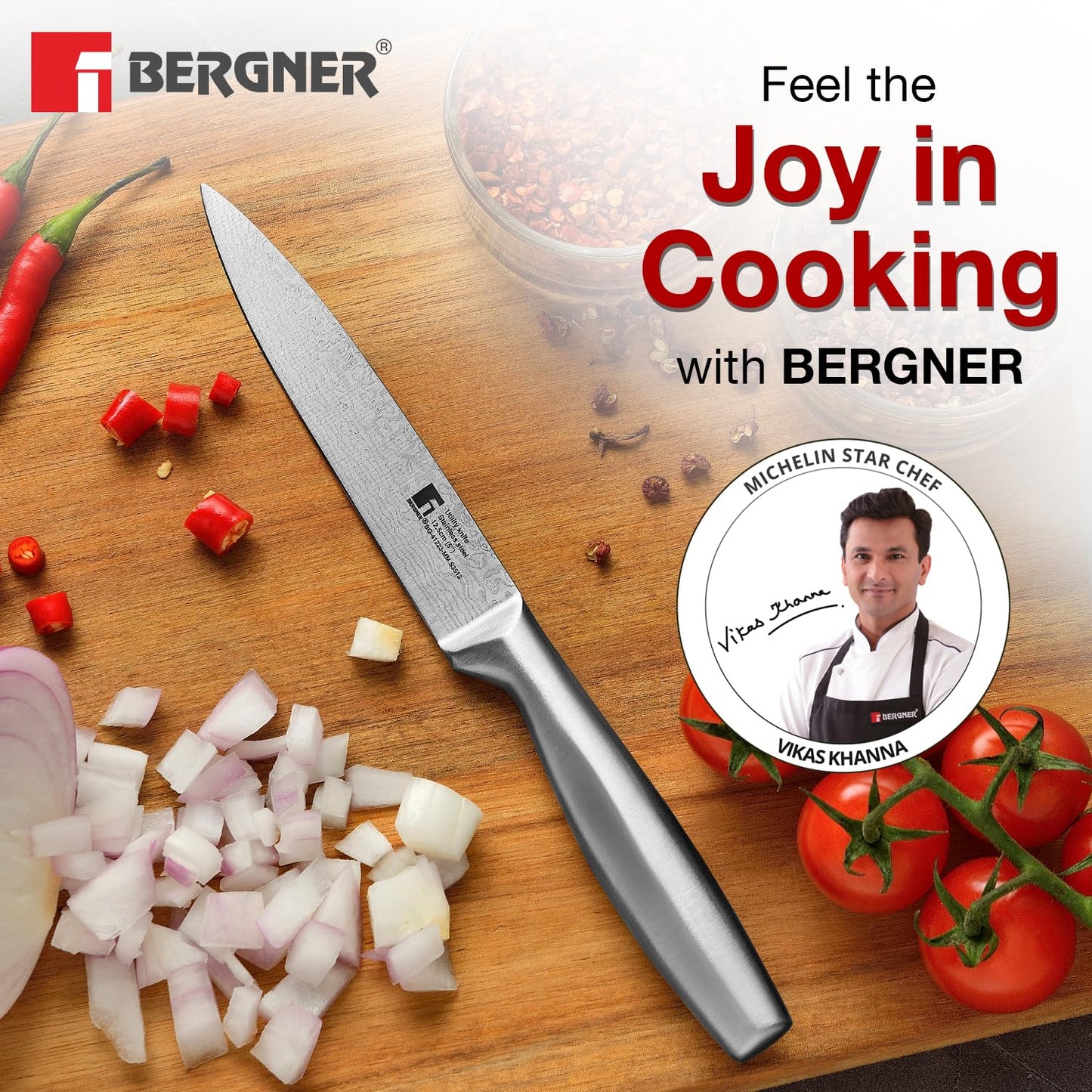 BERGNER Argent Stainless Steel 12.5cm (5") Utility Knife with Stainless Steel Hollow Handle, Damascus Design, Knife for Kitchen Ideal for Cutting, Chopping, Slicing etc, Easy to Clean