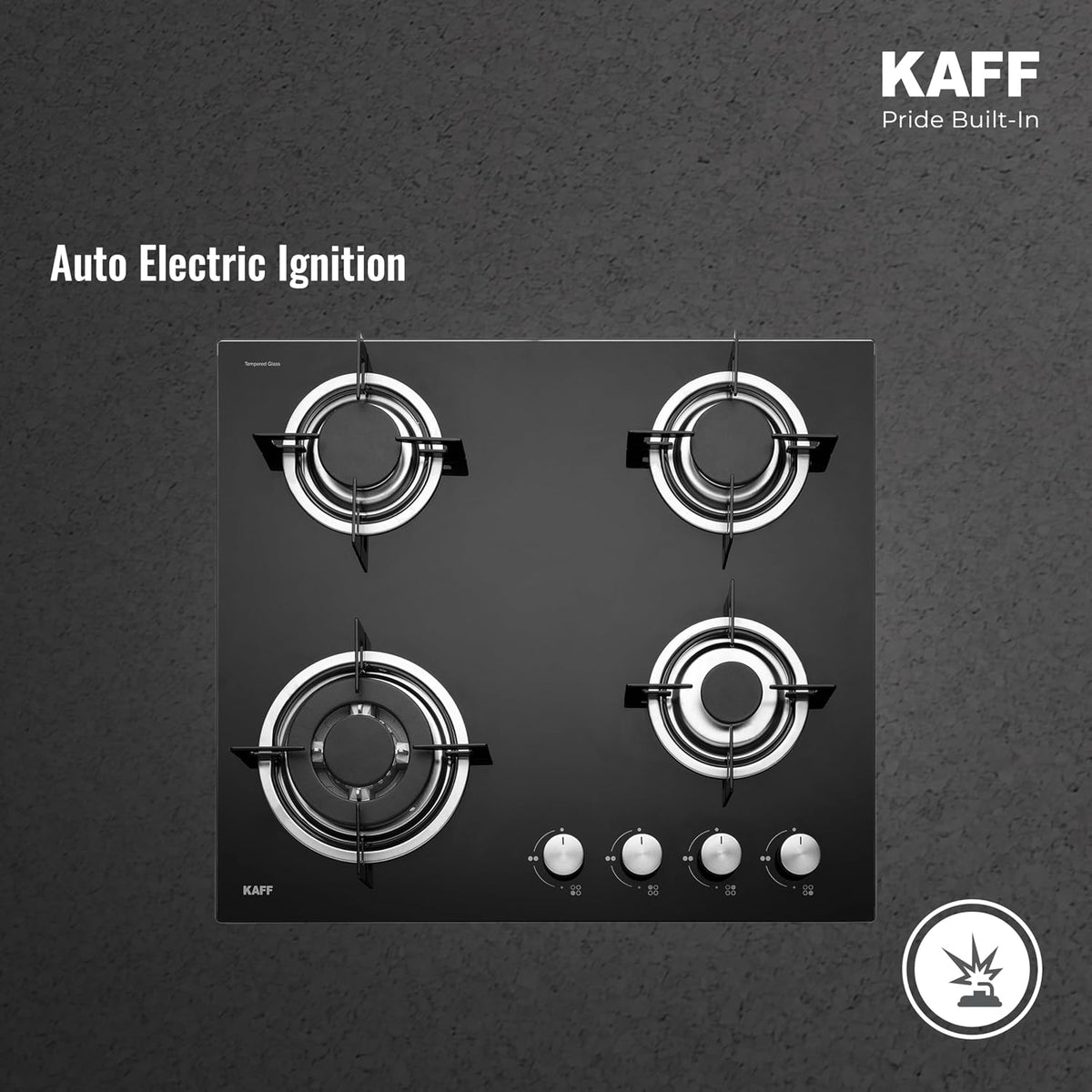 Kaff 60cm Built-in Hob 4 Burner | Auto Electric Ignition Gas Hob | Italian Burners | 8mm Toughened Glass Top | Easy Grip