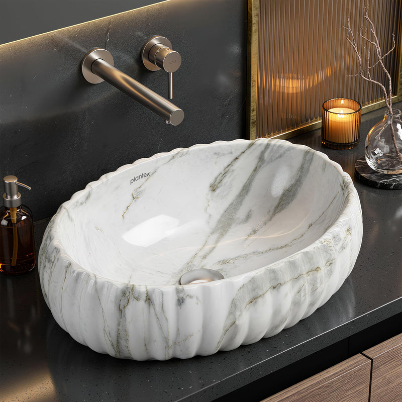 Plantex Ceramic Basin for Bathroom/Table Top Ceramic Basin/Washbasin for Bathroom (Marble Finish - 19.5 x 14 x 6 Inch)-1