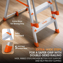 PROHOME Aluminium Ladder for Home 8 Steps Foldable with Railing & Anti-Skid Wide Steps | 8 Step Ladder for Home Use, Kitchen & Household | 270 Kg Capacity Folding Ladder | 5 Year Warranty (Orange)