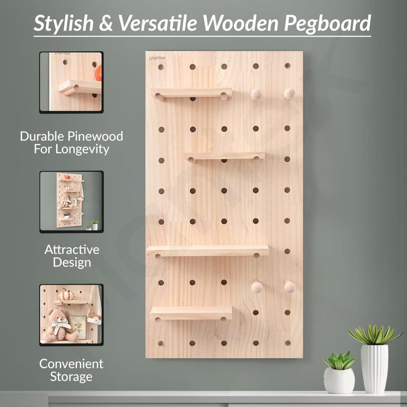 Plantex Multipurpose Pine Wall Mount Wood Pegboard For Home/Wood Display Shelf/Wall Organizer For Bedroom/Kitchen/Bathroom - (32X16 Inches)-3