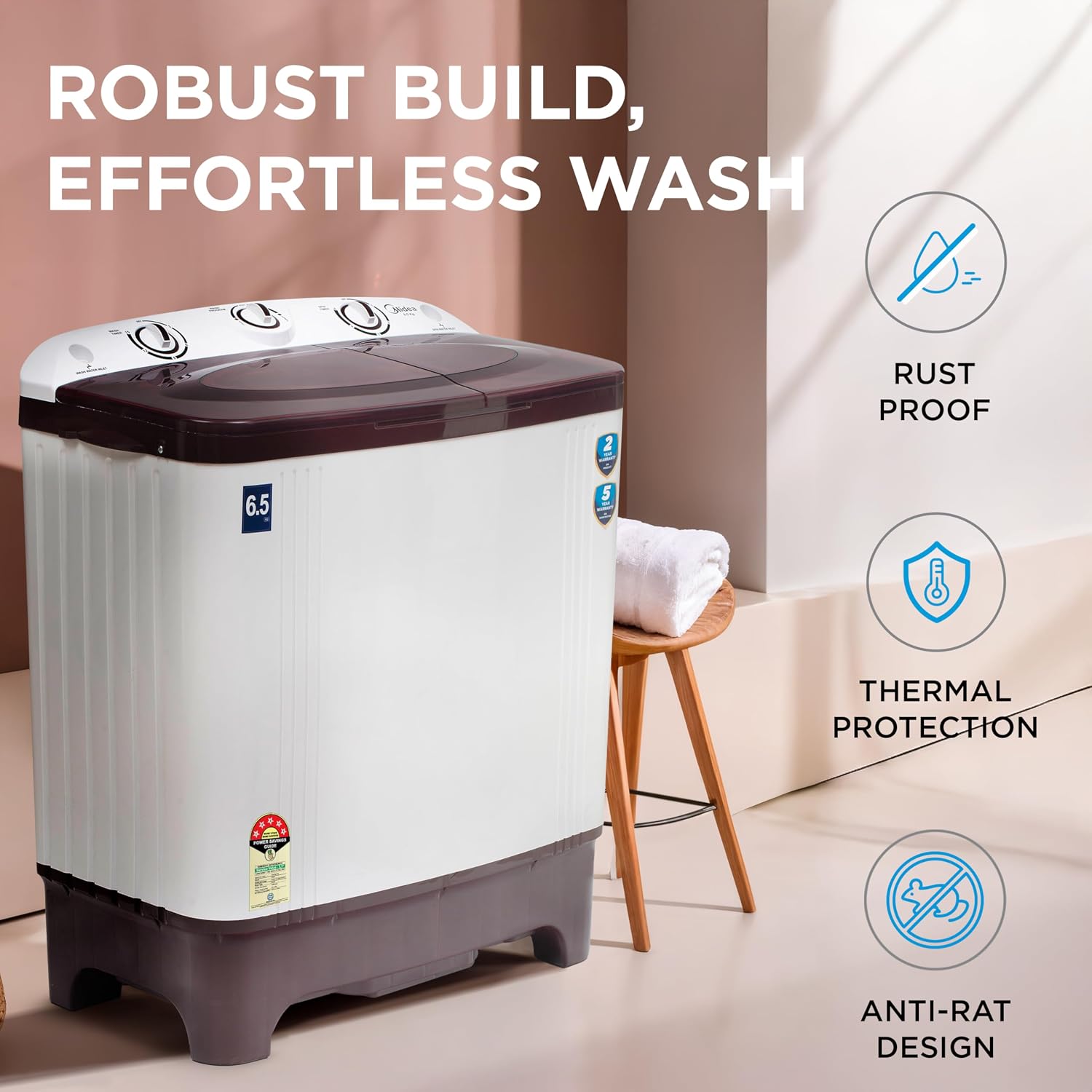 Midea 6.5 kg 5 Star Semi Automatic Top Load Washing Machine Maroon, Rust Proof Body (MWMSA065PPG(MW), Rat Away Feature)