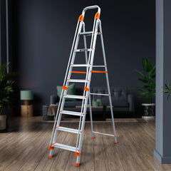 Plantex Secura 8 Step Aluminium Ladder for Home/Foldable Ladder with Safe Hand Rails/5 Year Manufacturer Warranty(Orange-Silver)-1