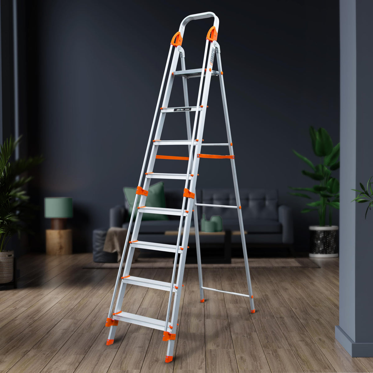 Plantex Secura 8 Step Aluminium Ladder for Home/Foldable Ladder with Safe Hand Rails/5 Year Manufacturer Warranty(Orange-Silver)