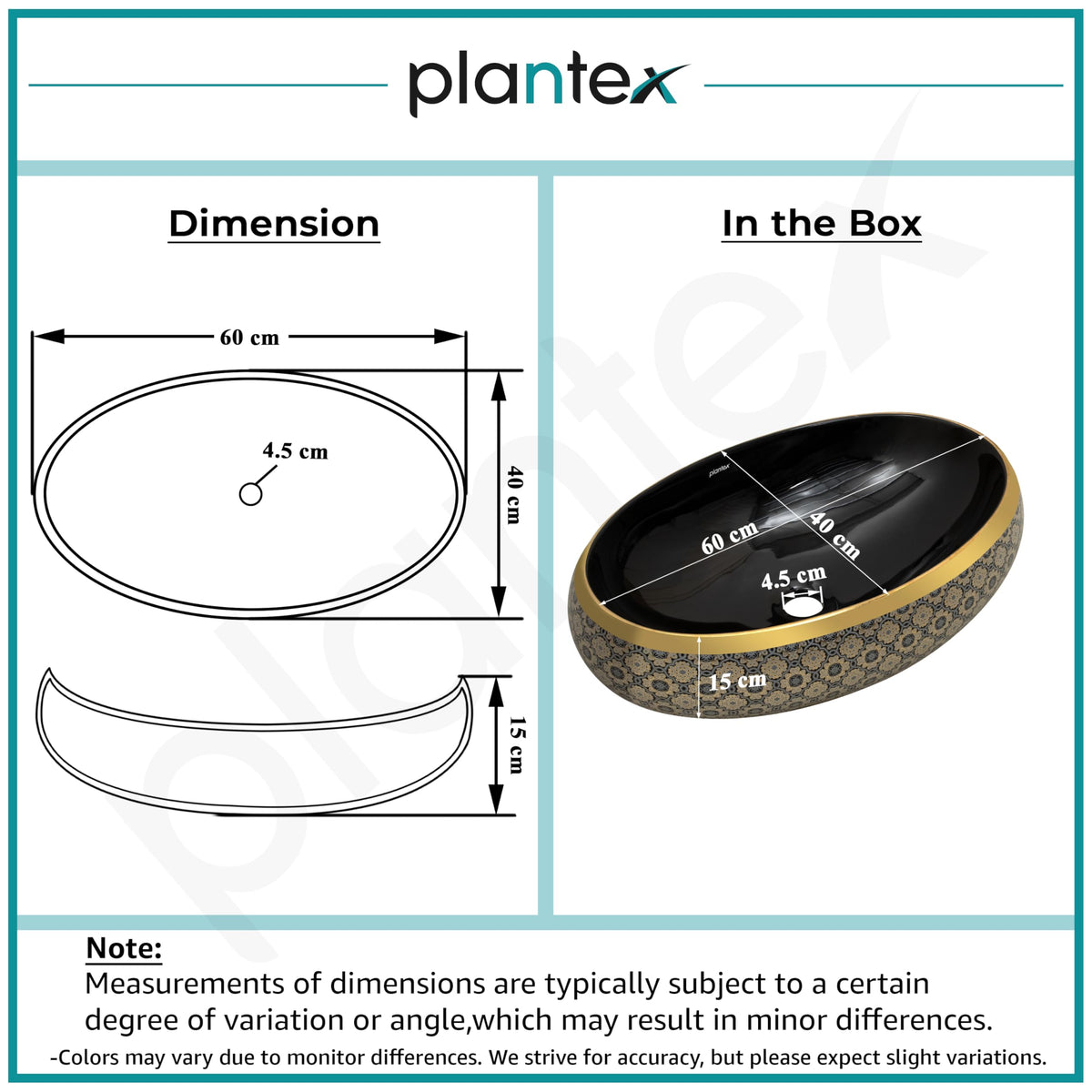 Plantex Tabletop Wash Basin for Bathroom/Designer Ceramic Basin/Countertop Vessel Sink Basin for Home/Hotel - (Black & Gold - 23.5 x 16 x 6 inch)-3