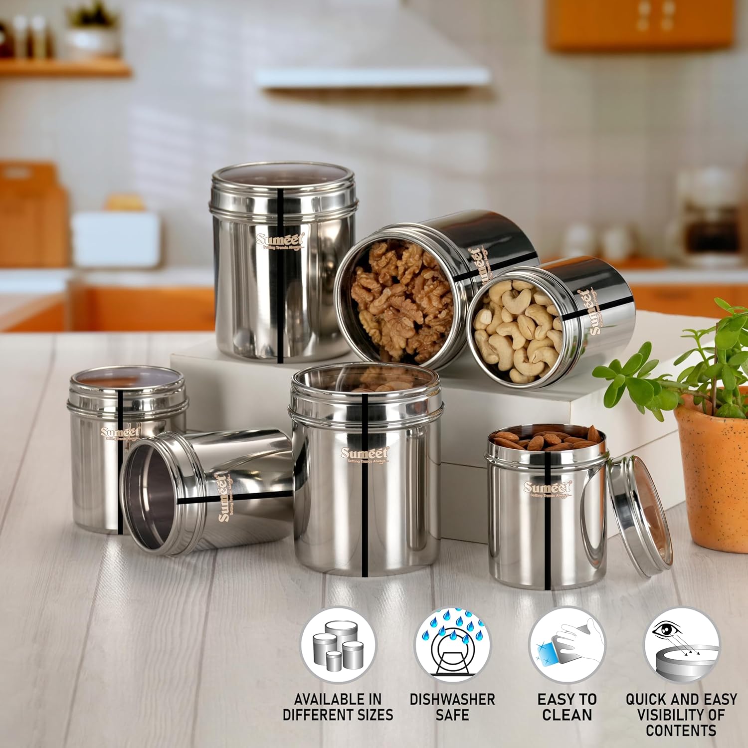 Sumeet Stainless Steel Small Containers/Jars/Dabba for Kitchen Storage with See Through Lids - set of 6Pcs, 400ml + 750ml capacity, 7.3cm & 9cm Dia, Silver