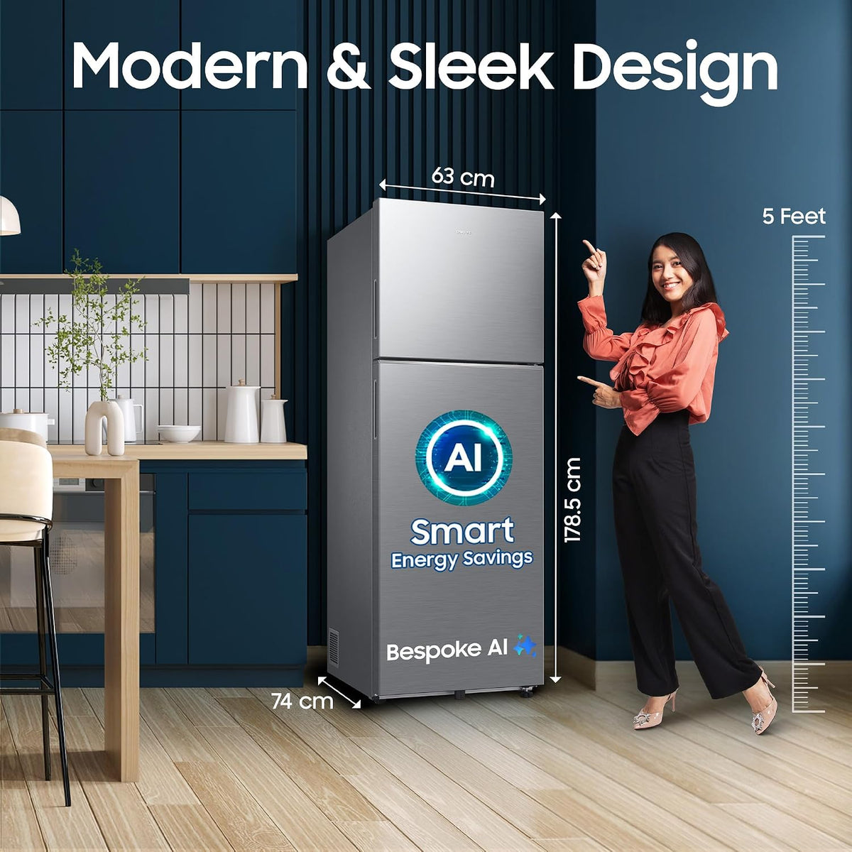 Samsung 350 L, 2 Star, Convertible 5-in-1, Digital Inverter, Frost Free Double Door, WiFi Bespoke AI Refrigerator (RT38HG5A42SLHL, Silver, Ez Clean)-2
