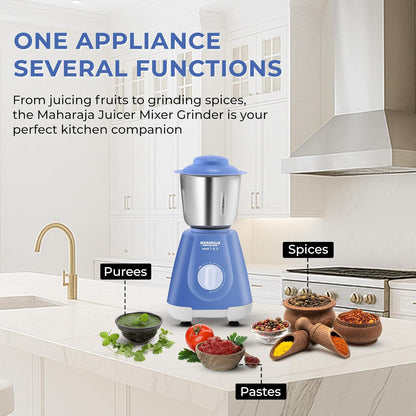 Maharaja Whiteline Smart Mixer Grinder | 500-watt | 20000 RPM Motor Speed | Air Ventilation System | Stainless-Steel Jars & Blades | Unique Jar Flow Breakers | 2 Year Motor Warranty |Blue