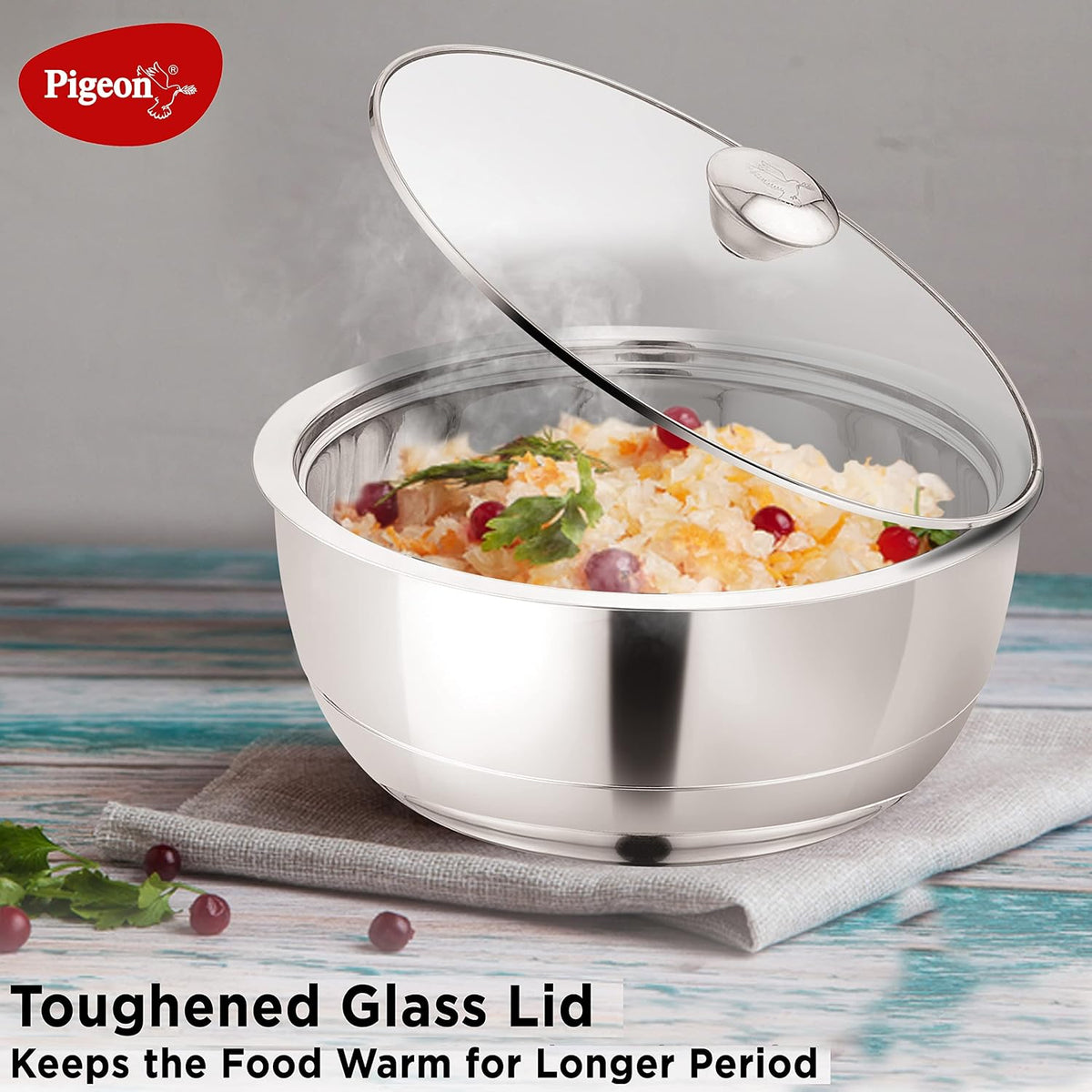Pigeon Stainless Steel Serving Gravy Pot/Casserole 2700 ml Double Insulated Wall with Glass Lid to Your Food Warm for Lo