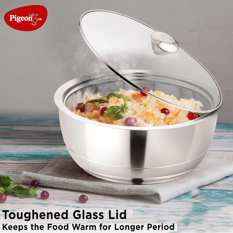 Pigeon Stainless Steel Serving Gravy Pot/Casserole 2700 ml Double Insulated Wall with Glass Lid to Your Food Warm for Lo