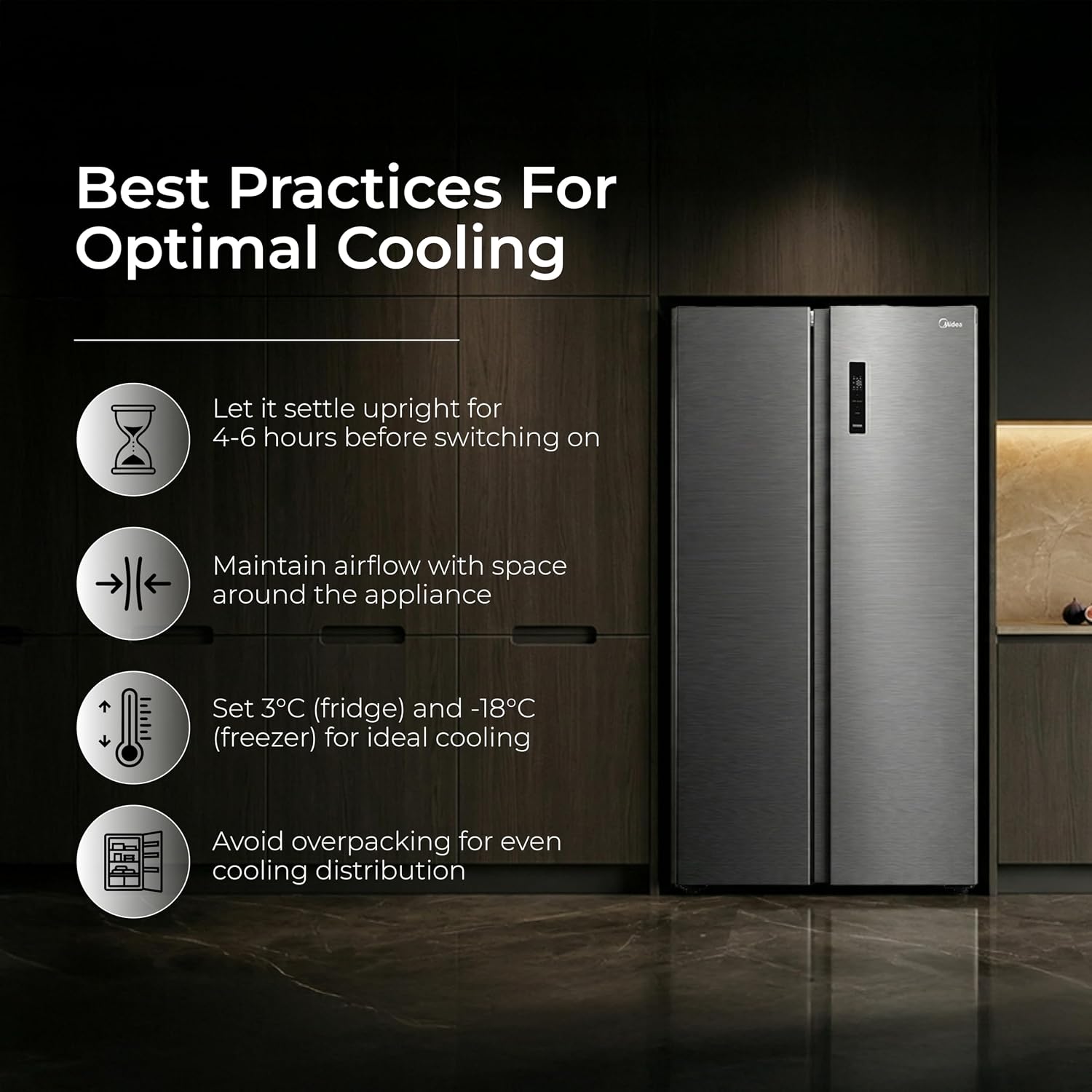 Midea 563 L Inverter Compressor with Multi Air Flow Cooling, Digital Display, Side by Side Refrigerator (MDRS710FGF46, Portable Ice Maker, Frost Free, Bru-Steel Finish)