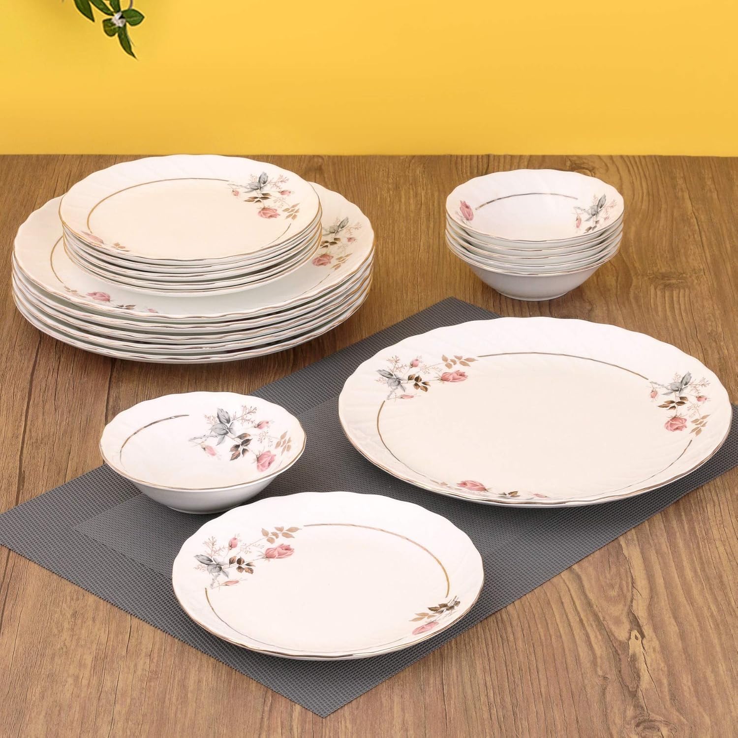 Clay Craft Fine Ceramic Floral Gold Line Dinner Set 18 Pieces, White, (MW-182), for Family of 6, Dinner Set Ceramic, Crockery Set, Dining Set for Dinner, Plates and Bowls Set, Crockery Set for Gift