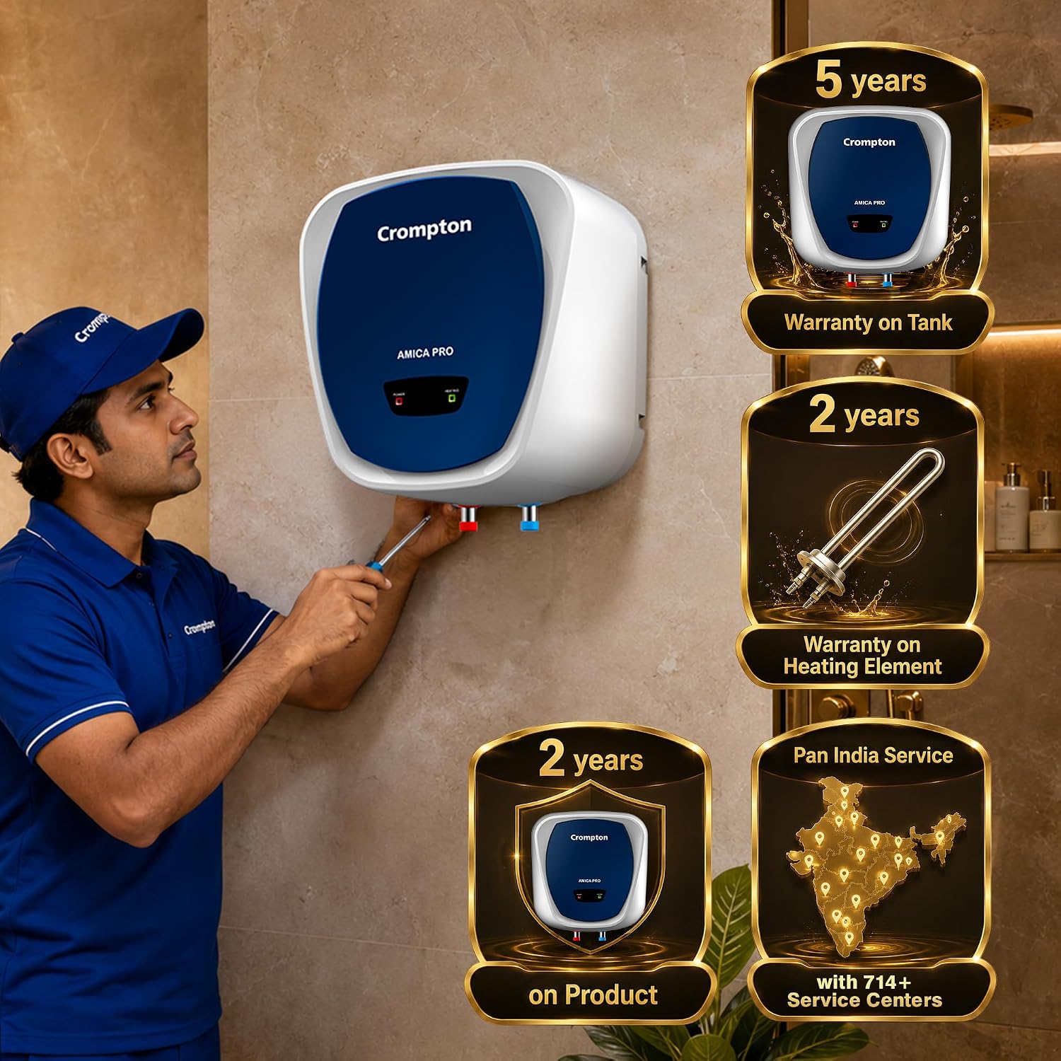 Crompton Amica Pro 10L 5‑Star Storage Water Heater (Geyser) | Glassline Tank for Hard Water | Free Installation | 8 Bar High‑Rise Pressure | 5‑Level Safety | Rust‑Proof Body | 2kW Fast Heating