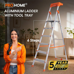 PROHOME Aluminium Ladder for Home 6 Steps Foldable with Tool Tray & Anti-Skid Wide Steps | 6 Step Ladder for Home Use, Kitchen & Household | 250 Kg Capacity Folding Ladder | 5 Year Warranty (Orange)