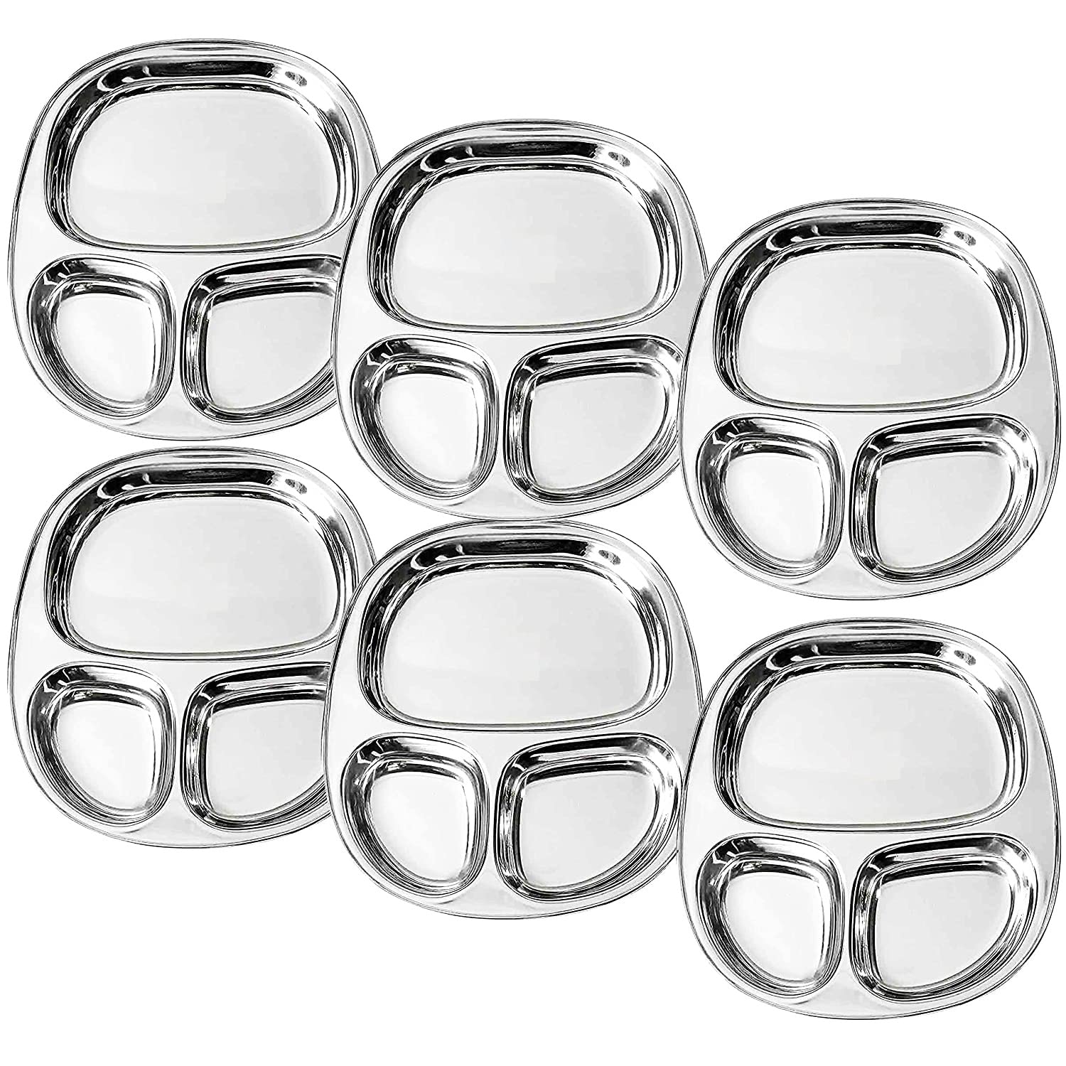 Dynore Stainless Steel 3 in 1 Three Compartment Rectangular Nasta/Snacks/Kids Nasta Plate/Partition Plate- Set of 6