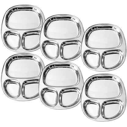 Dynore Stainless Steel 3 in 1 Three Compartment Rectangular Nasta/Snacks/Kids Nasta Plate/Partition Plate- Set of 6