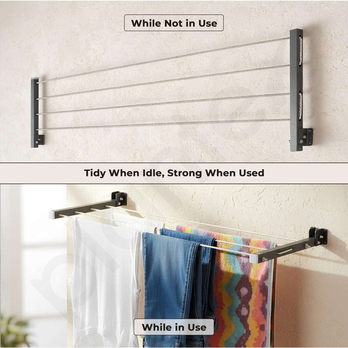 Plantex GI Steel Foldable Wall Mount Cloth Drying Stand with 30 Ft Rope/Wall Hanging Clothes Dryer Rack for Indoor & Outdoor Use/Space-Saving Design for Laundry or Utility Room Grey-6
