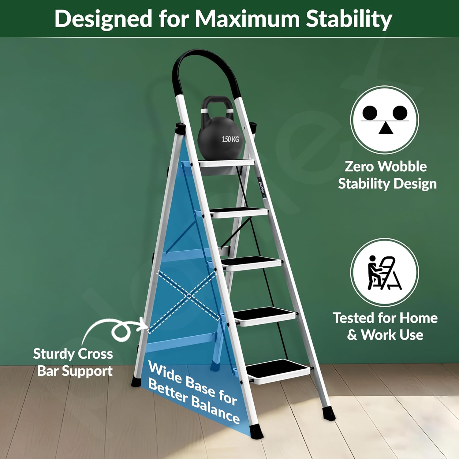 Plantex Ladder for Home 5 Steps/Foldable Ladder with Anti-Skid Wide Steps (30L x 20W cm)/Strong D-Shape Pipe with X-Support for More Stability/5 Year Warranty(Apex-White)