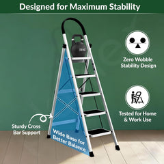 Plantex Ladder for Home 5 Steps/Foldable Ladder with Anti-Skid Wide Steps (30L x 20W cm)/Strong D-Shape Pipe with X-Support for More Stability/5 Year Warranty(Apex-White)